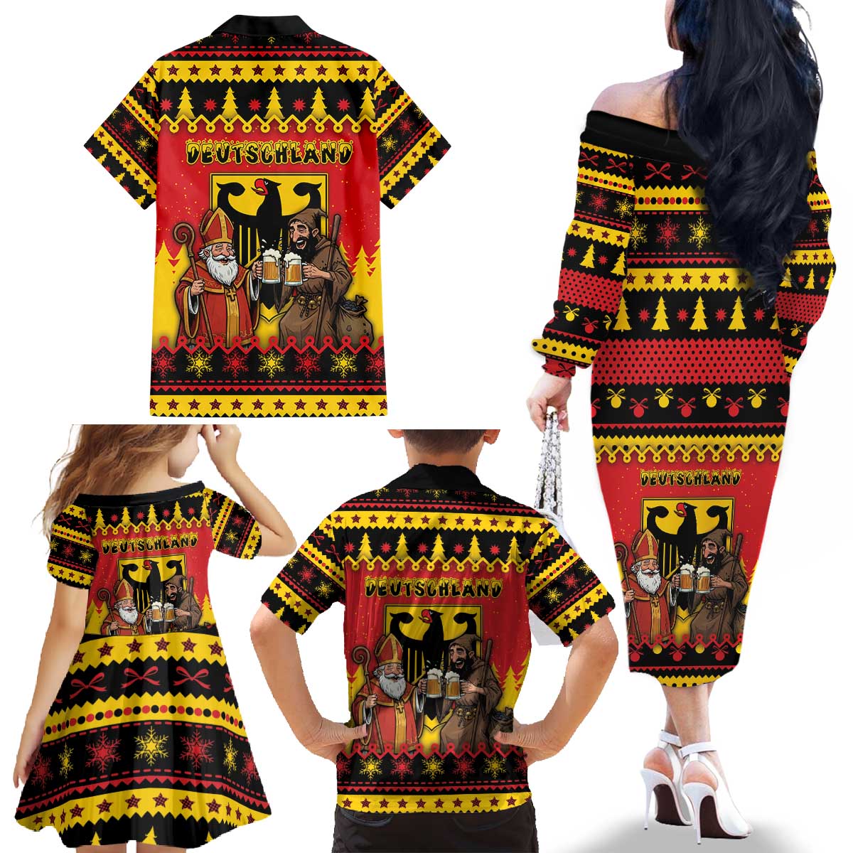 Germany Christmas Family Matching Off The Shoulder Long Sleeve Dress and Hawaiian Shirt Saint Nicholas And Knecht Ruprecht Drink Beer - Wonder Print Shop