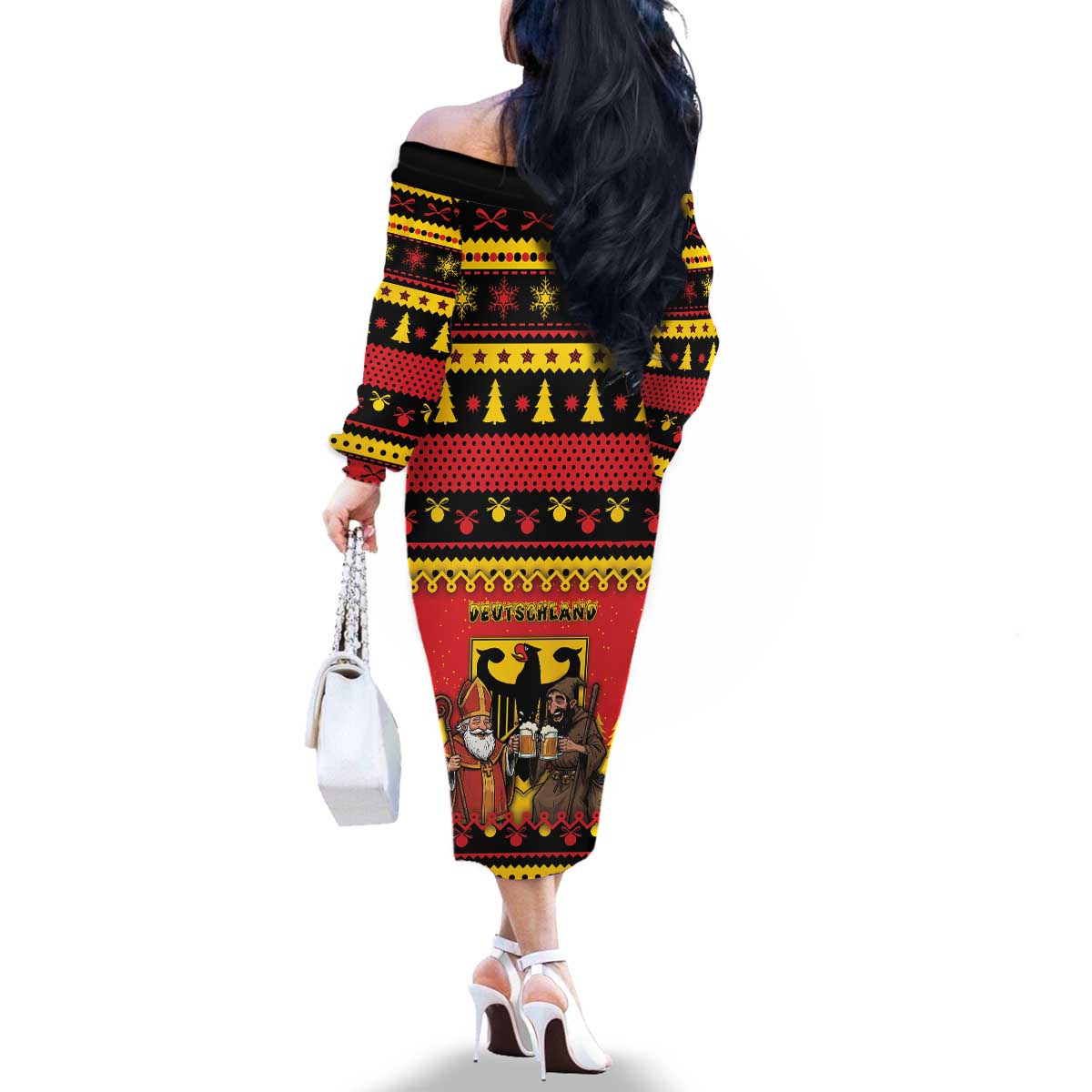 Germany Christmas Family Matching Off The Shoulder Long Sleeve Dress and Hawaiian Shirt Saint Nicholas And Knecht Ruprecht Drink Beer - Wonder Print Shop