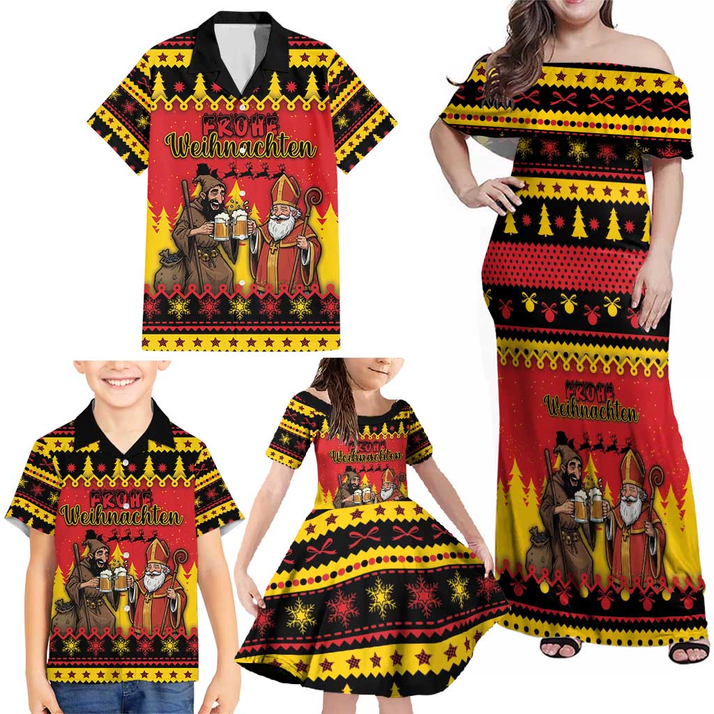 Germany Christmas Family Matching Off Shoulder Maxi Dress and Hawaiian Shirt Saint Nicholas And Knecht Ruprecht Drink Beer - Wonder Print Shop