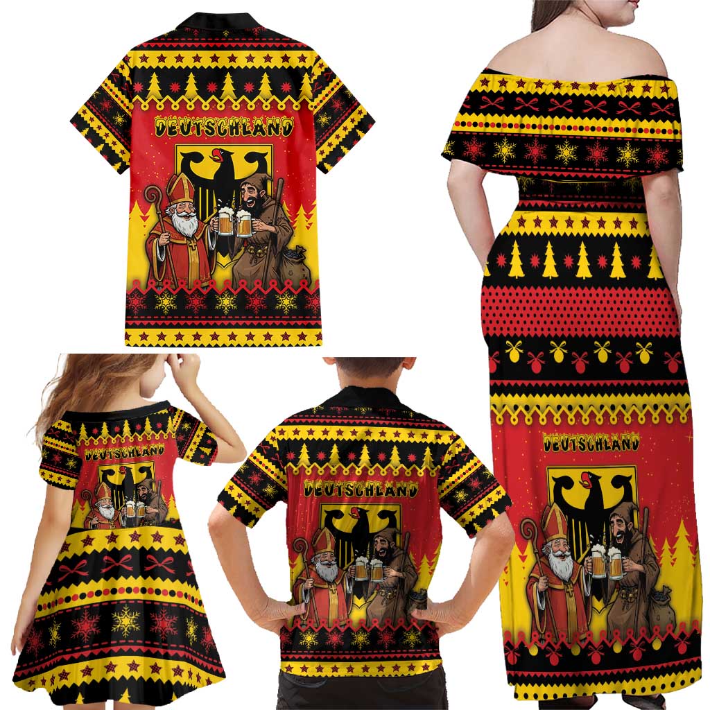 Germany Christmas Family Matching Off Shoulder Maxi Dress and Hawaiian Shirt Saint Nicholas And Knecht Ruprecht Drink Beer - Wonder Print Shop