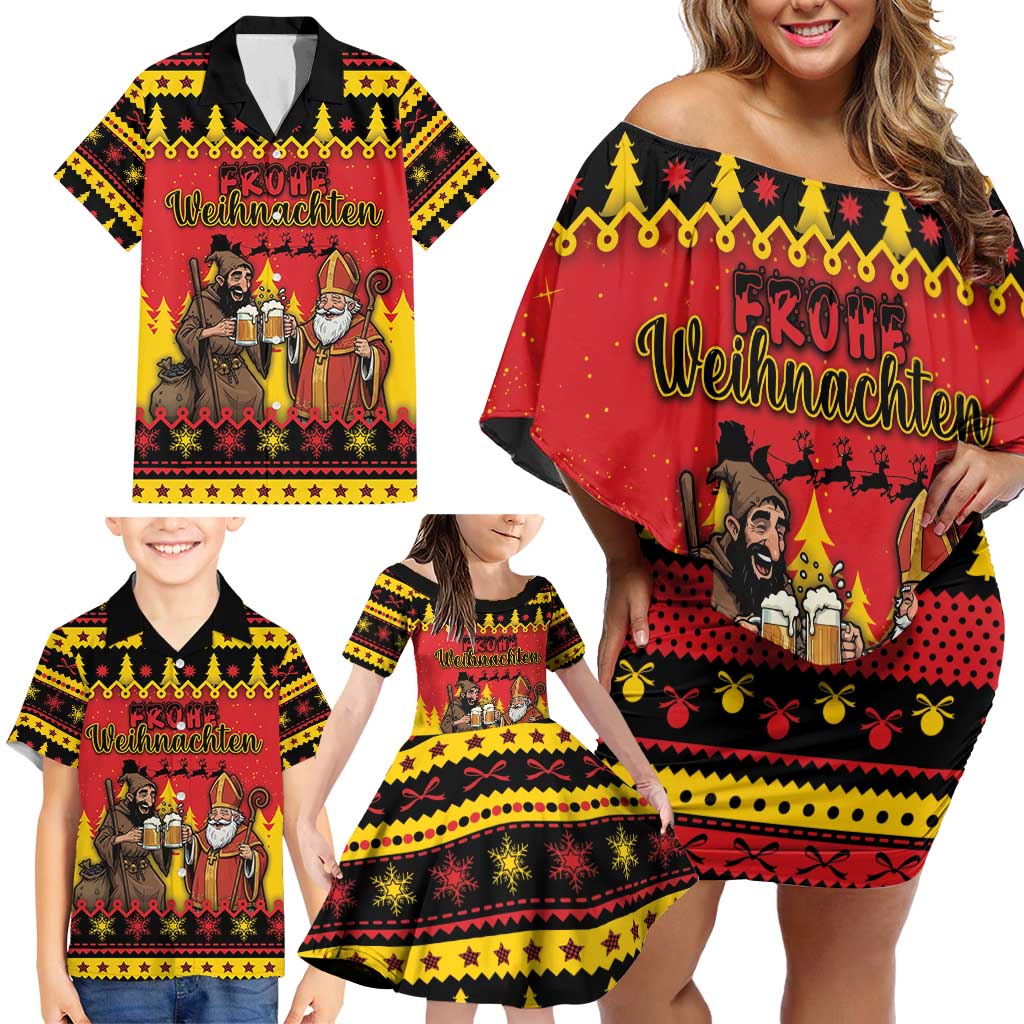 Germany Christmas Family Matching Off Shoulder Short Dress and Hawaiian Shirt Saint Nicholas And Knecht Ruprecht Drink Beer - Wonder Print Shop