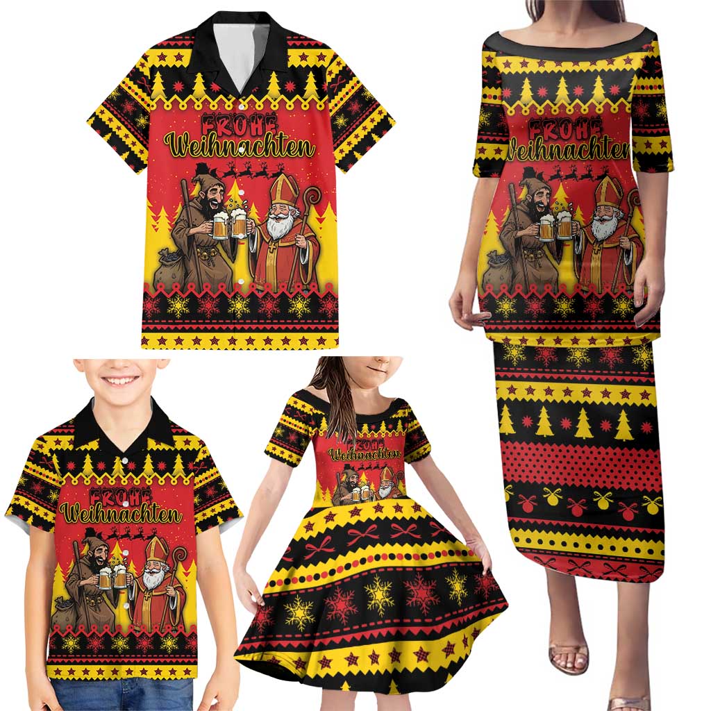 Germany Christmas Family Matching Puletasi and Hawaiian Shirt Saint Nicholas And Knecht Ruprecht Drink Beer - Wonder Print Shop