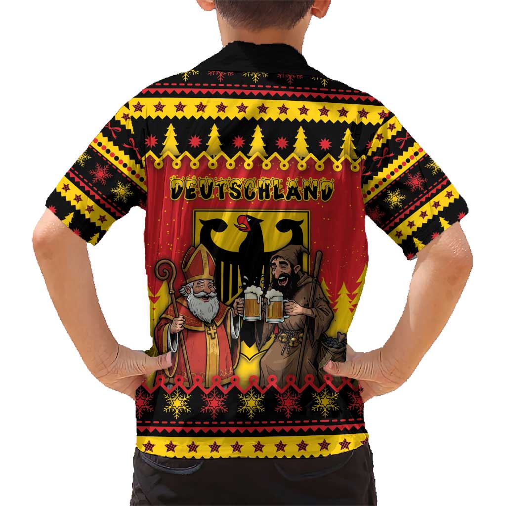 Germany Christmas Family Matching Short Sleeve Bodycon Dress and Hawaiian Shirt Saint Nicholas And Knecht Ruprecht Drink Beer - Wonder Print Shop