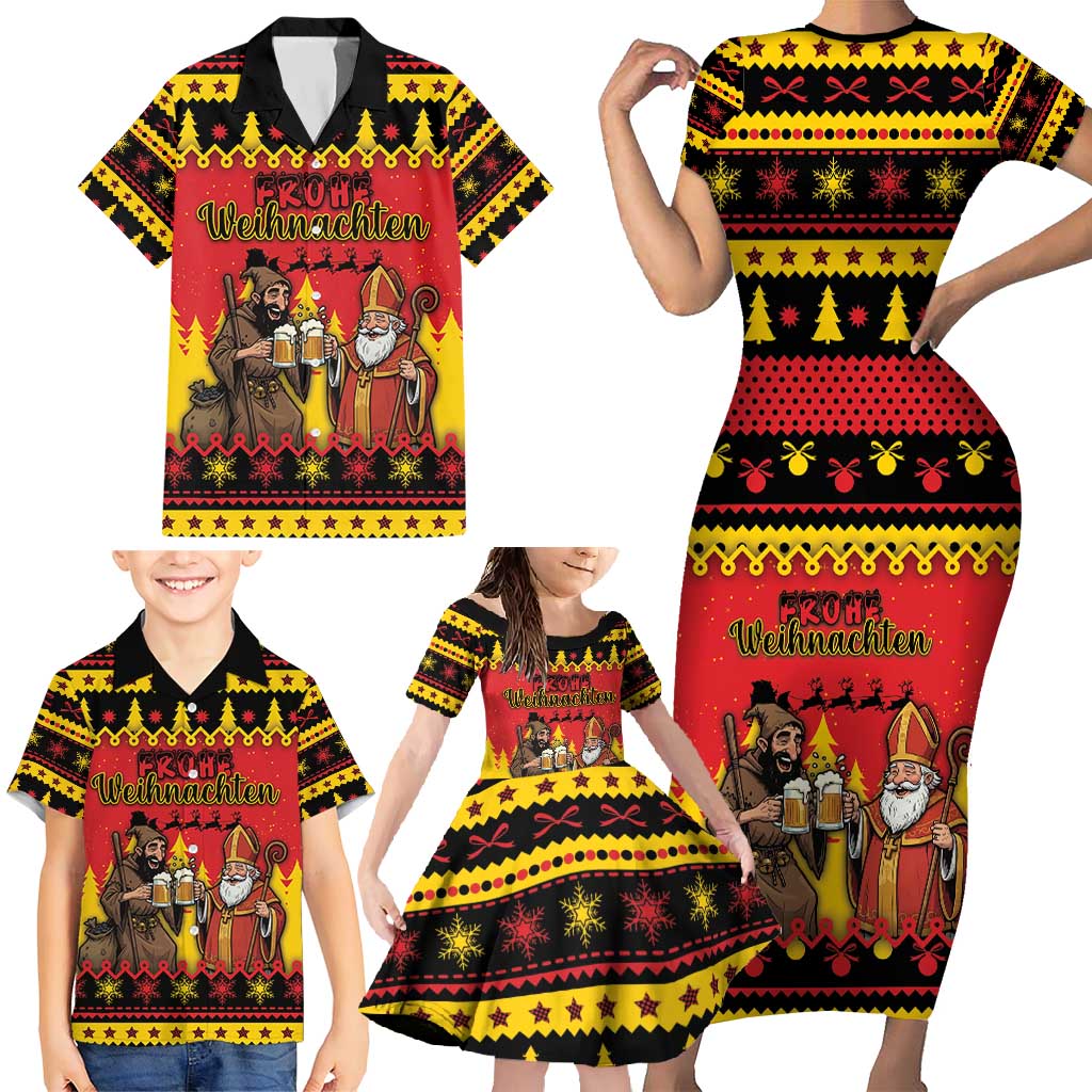 Germany Christmas Family Matching Short Sleeve Bodycon Dress and Hawaiian Shirt Saint Nicholas And Knecht Ruprecht Drink Beer - Wonder Print Shop