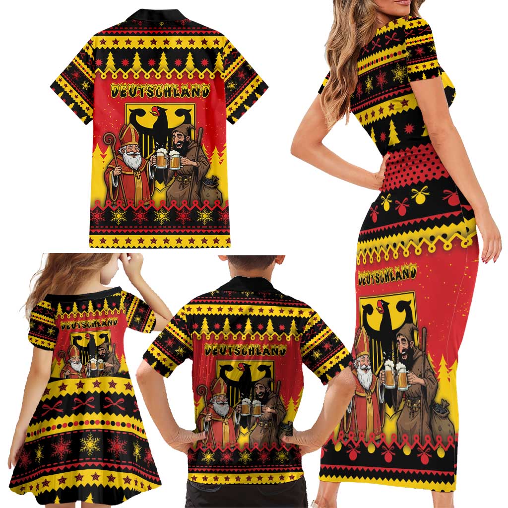 Germany Christmas Family Matching Short Sleeve Bodycon Dress and Hawaiian Shirt Saint Nicholas And Knecht Ruprecht Drink Beer - Wonder Print Shop