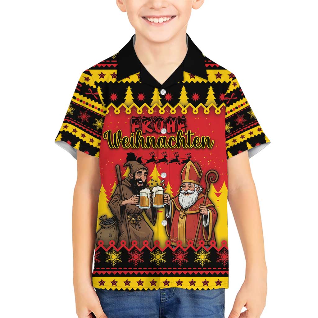 Germany Christmas Family Matching Short Sleeve Bodycon Dress and Hawaiian Shirt Saint Nicholas And Knecht Ruprecht Drink Beer - Wonder Print Shop