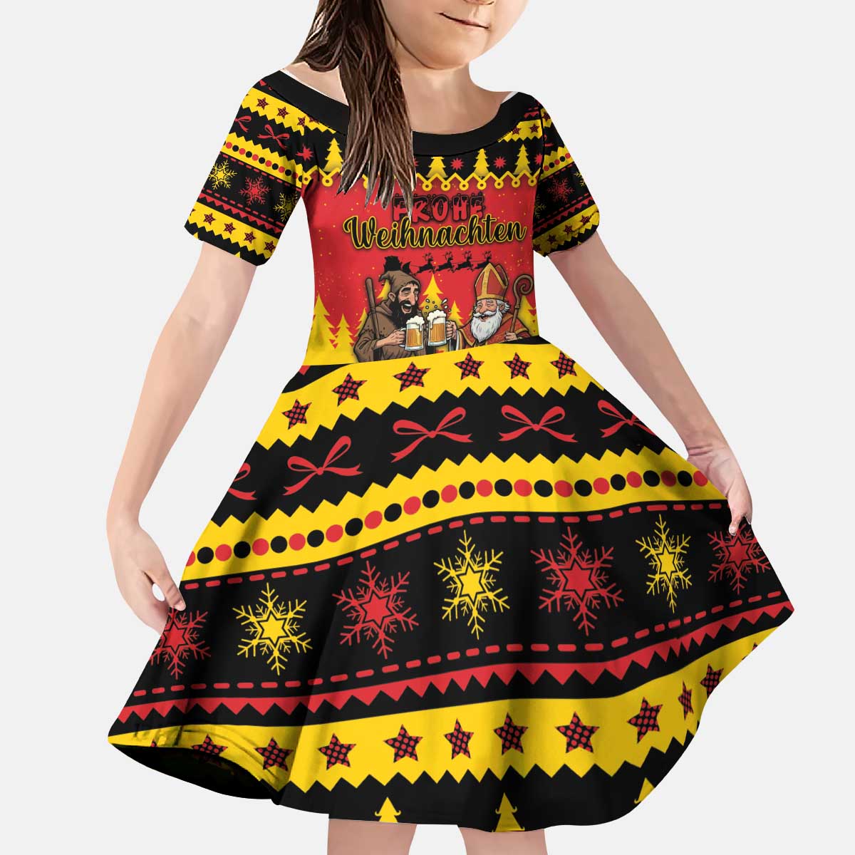 Germany Christmas Kid Short Sleeve Dress Saint Nicholas And Knecht Ruprecht Drink Beer - Wonder Print Shop