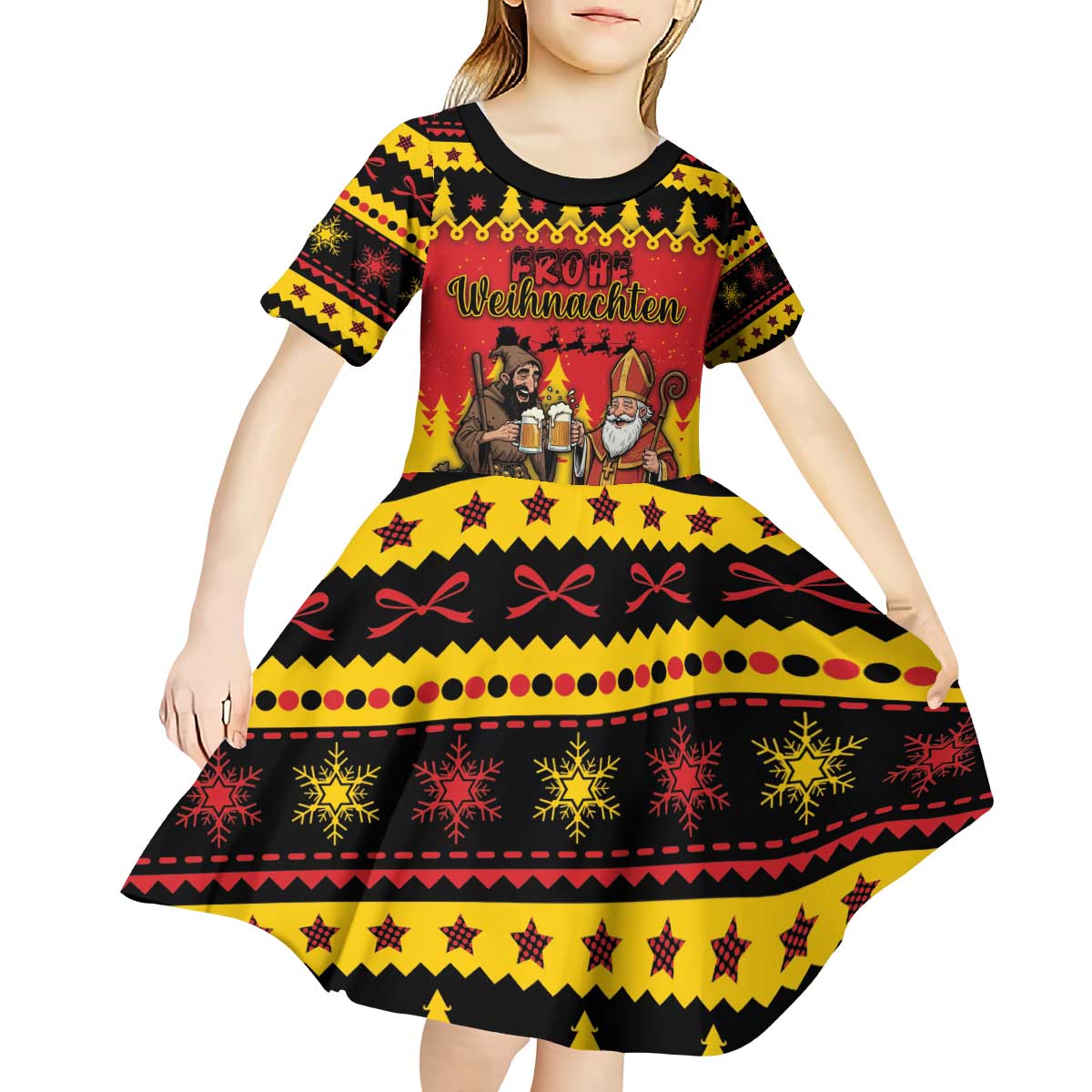 Germany Christmas Kid Short Sleeve Dress Saint Nicholas And Knecht Ruprecht Drink Beer - Wonder Print Shop