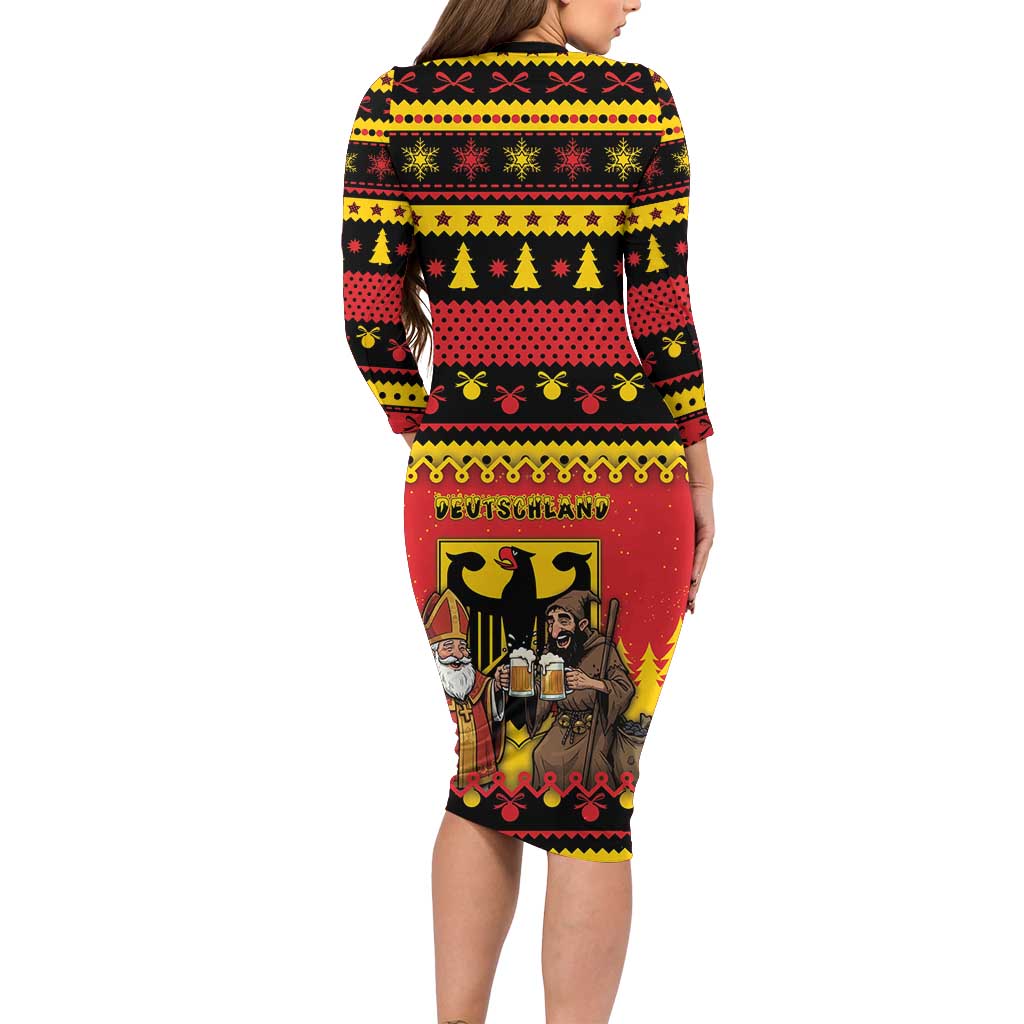 Germany Christmas Long Sleeve Bodycon Dress Saint Nicholas And Knecht Ruprecht Drink Beer - Wonder Print Shop