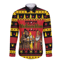 Germany Christmas Long Sleeve Button Shirt Saint Nicholas And Knecht Ruprecht Drink Beer - Wonder Print Shop