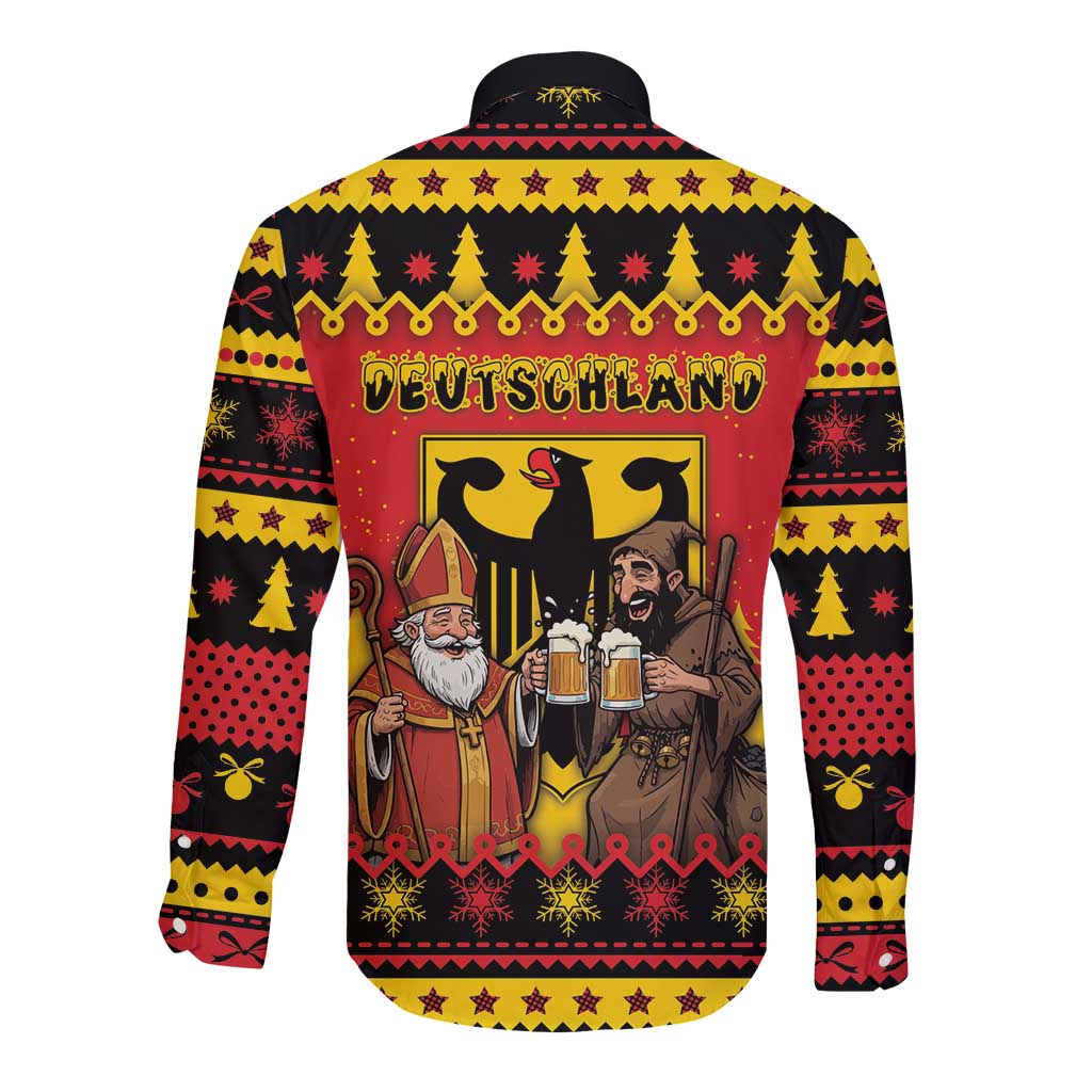 Germany Christmas Long Sleeve Button Shirt Saint Nicholas And Knecht Ruprecht Drink Beer - Wonder Print Shop