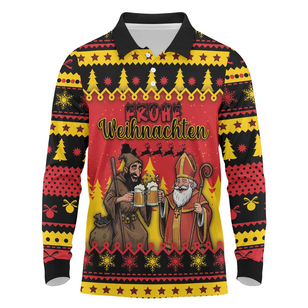 Germany Christmas Long Sleeve Polo Shirt Saint Nicholas And Knecht Ruprecht Drink Beer - Wonder Print Shop