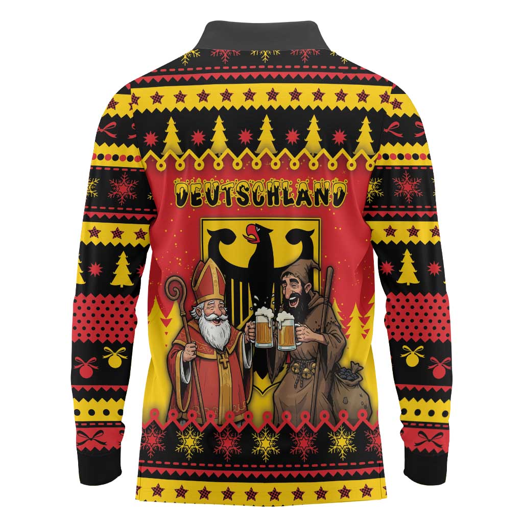 Germany Christmas Long Sleeve Polo Shirt Saint Nicholas And Knecht Ruprecht Drink Beer - Wonder Print Shop