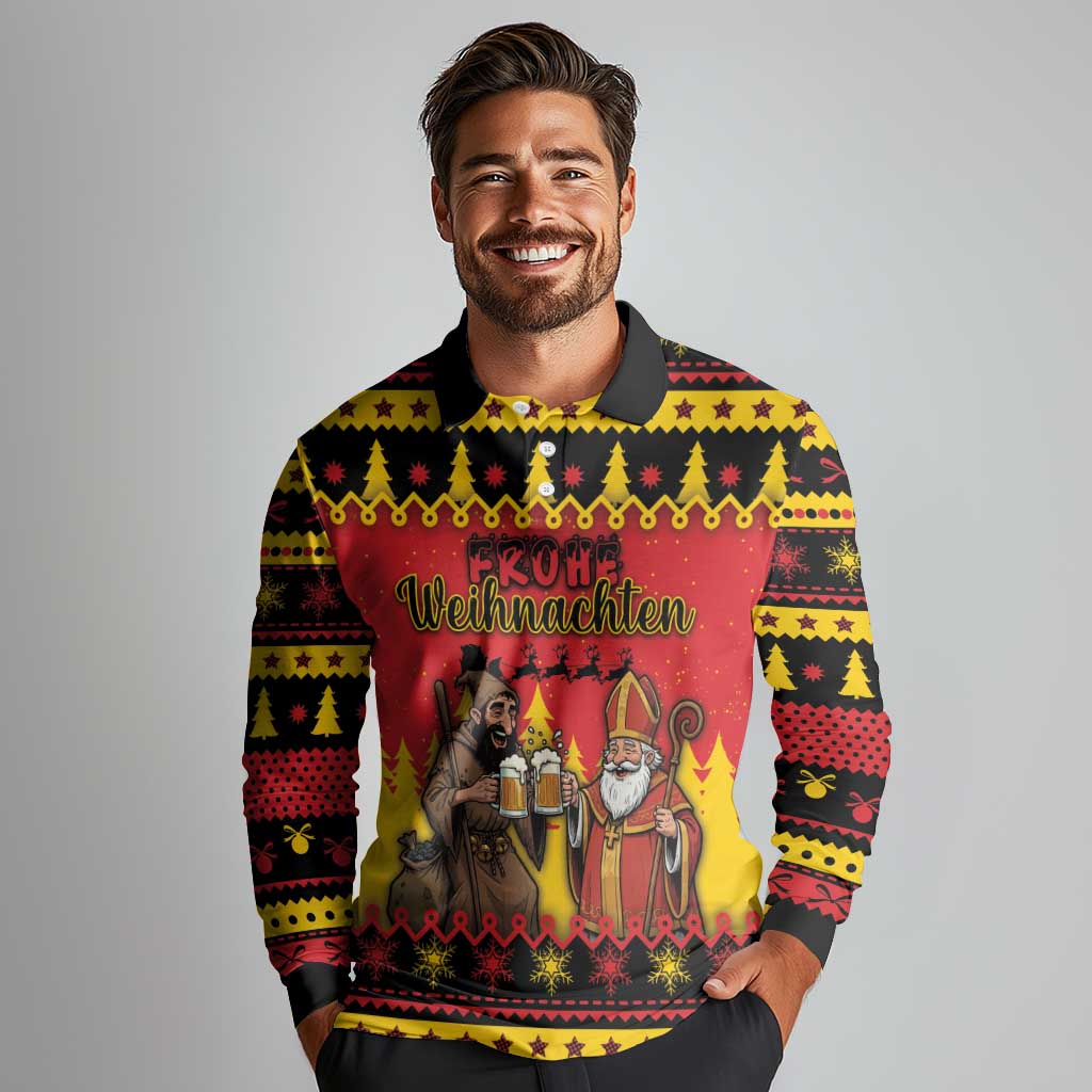 Germany Christmas Long Sleeve Polo Shirt Saint Nicholas And Knecht Ruprecht Drink Beer - Wonder Print Shop