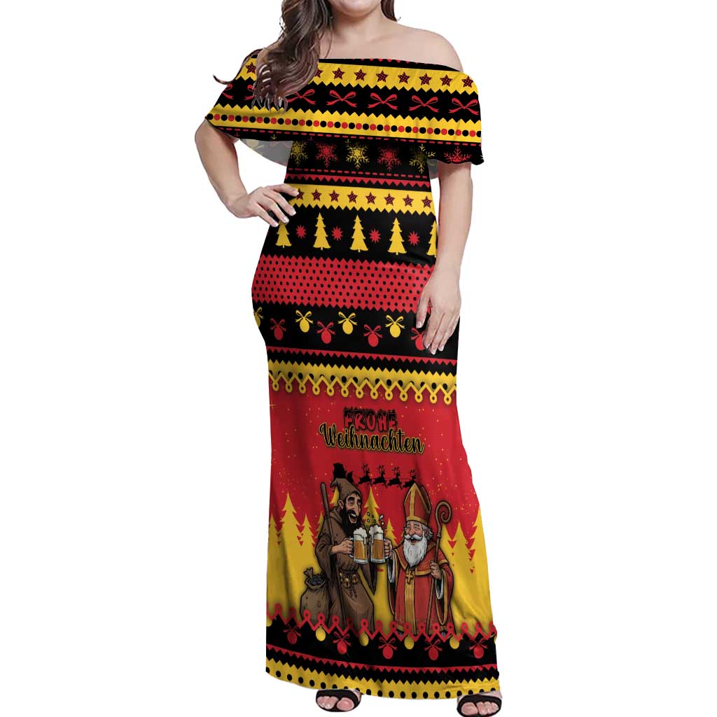Germany Christmas Off Shoulder Maxi Dress Saint Nicholas And Knecht Ruprecht Drink Beer - Wonder Print Shop