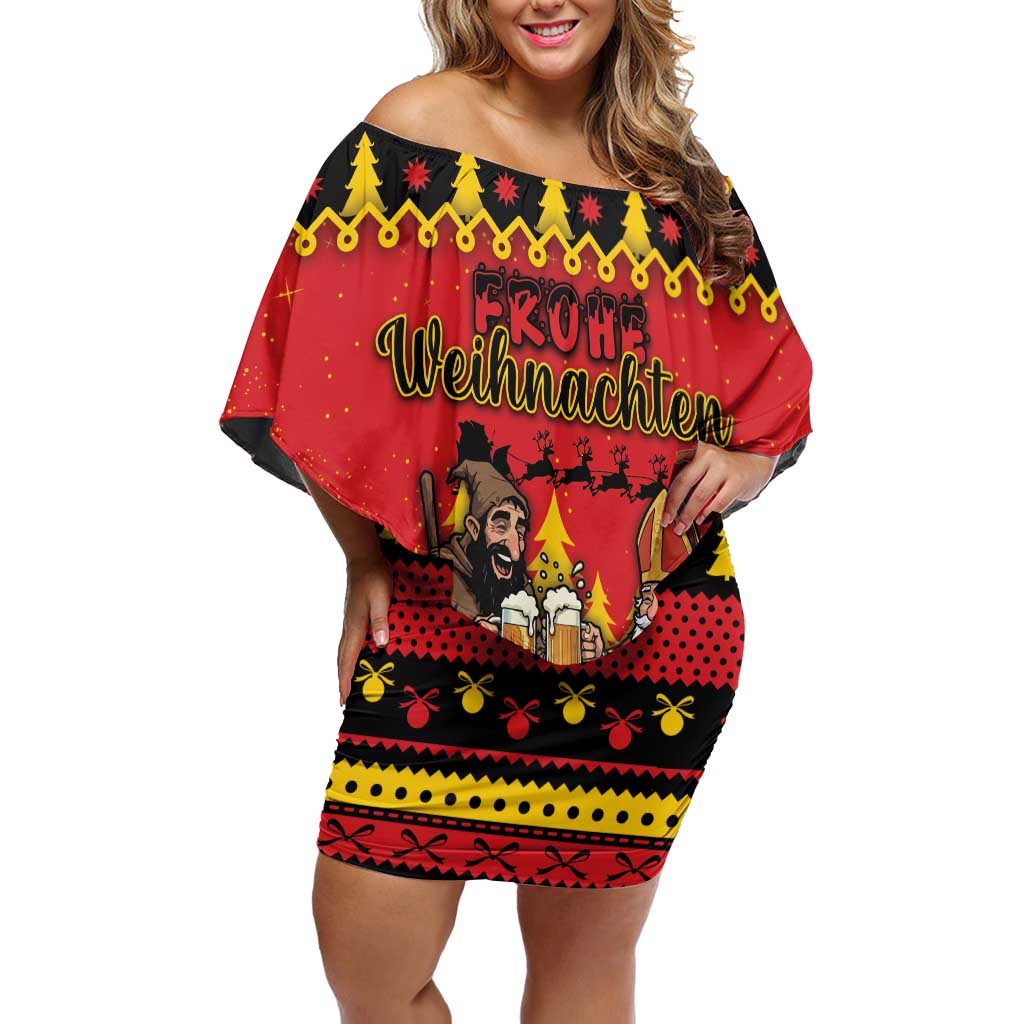 Germany Christmas Off Shoulder Short Dress Saint Nicholas And Knecht Ruprecht Drink Beer - Wonder Print Shop