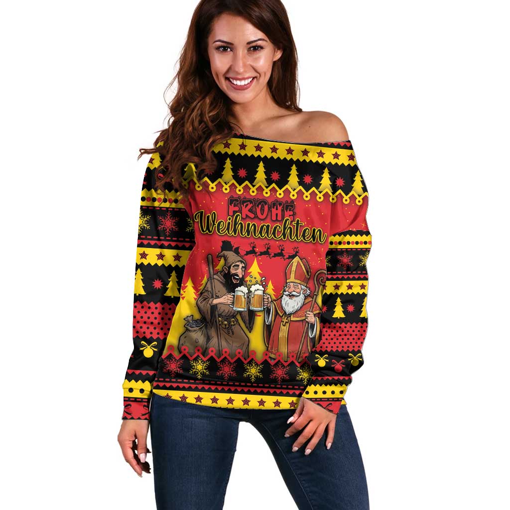 Germany Christmas Off Shoulder Sweater Saint Nicholas And Knecht Ruprecht Drink Beer - Wonder Print Shop