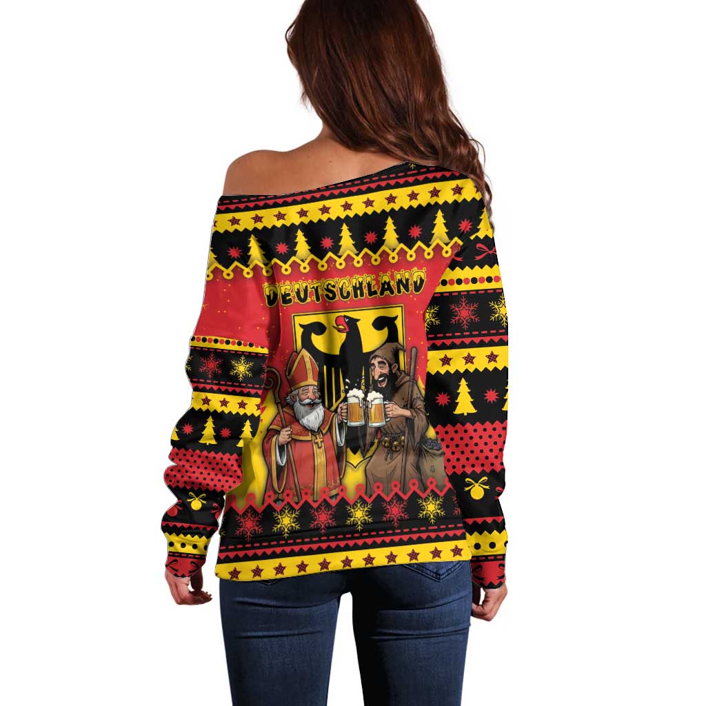 Germany Christmas Off Shoulder Sweater Saint Nicholas And Knecht Ruprecht Drink Beer - Wonder Print Shop