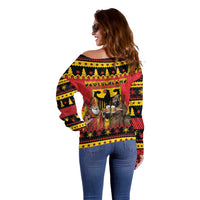Germany Christmas Off Shoulder Sweater Saint Nicholas And Knecht Ruprecht Drink Beer - Wonder Print Shop