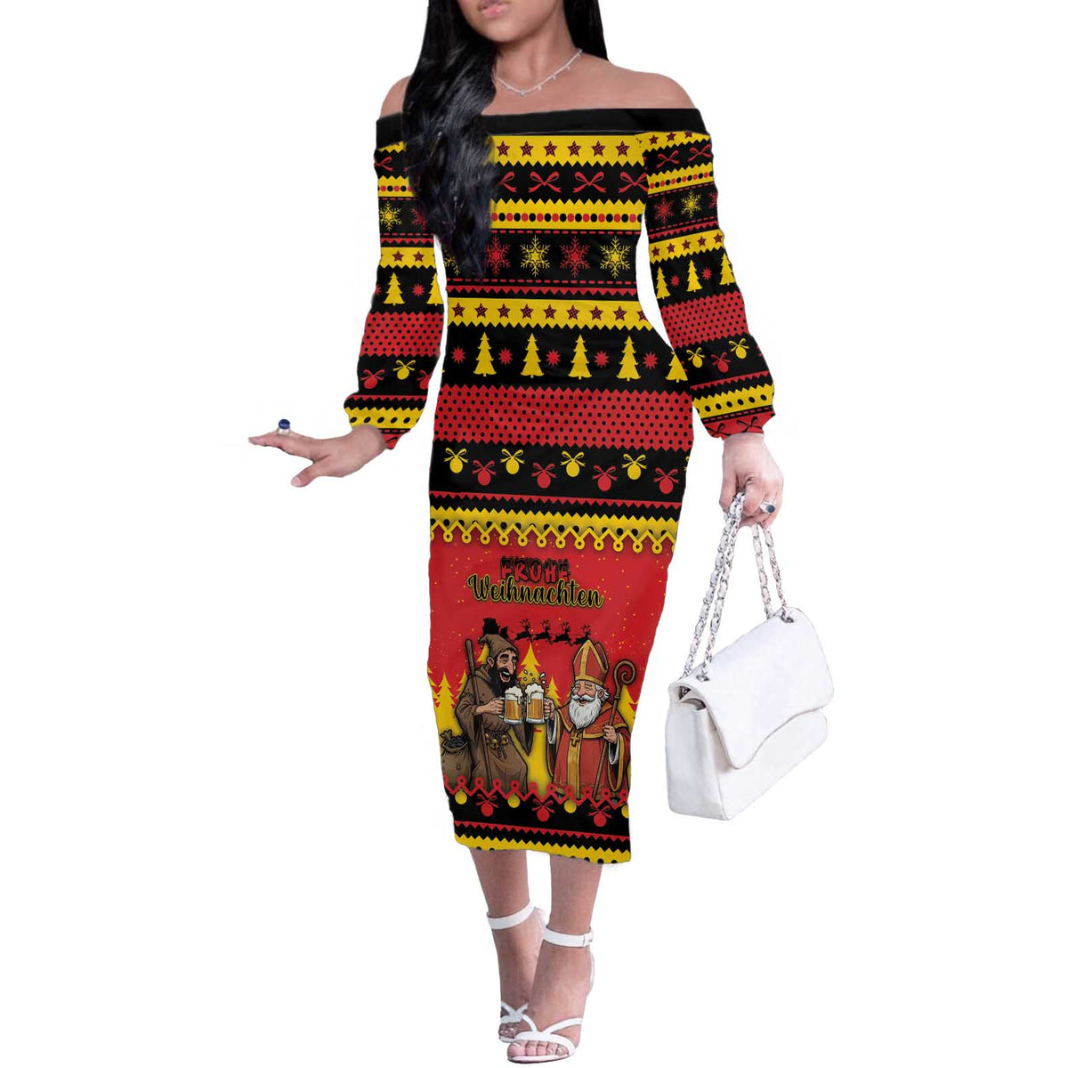 Germany Christmas Off The Shoulder Long Sleeve Dress Saint Nicholas And Knecht Ruprecht Drink Beer - Wonder Print Shop