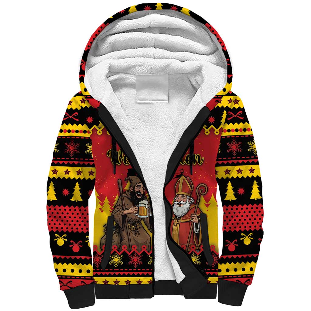 Germany Christmas Sherpa Hoodie Saint Nicholas And Knecht Ruprecht Drink Beer - Wonder Print Shop