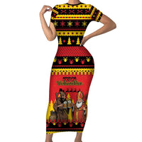 Germany Christmas Short Sleeve Bodycon Dress Saint Nicholas And Knecht Ruprecht Drink Beer - Wonder Print Shop