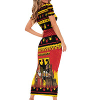 Germany Christmas Short Sleeve Bodycon Dress Saint Nicholas And Knecht Ruprecht Drink Beer - Wonder Print Shop