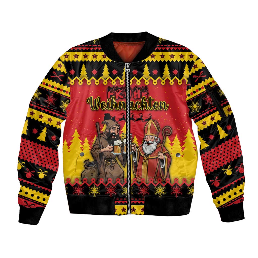 Germany Christmas Sleeve Zip Bomber Jacket Saint Nicholas And Knecht Ruprecht Drink Beer - Wonder Print Shop