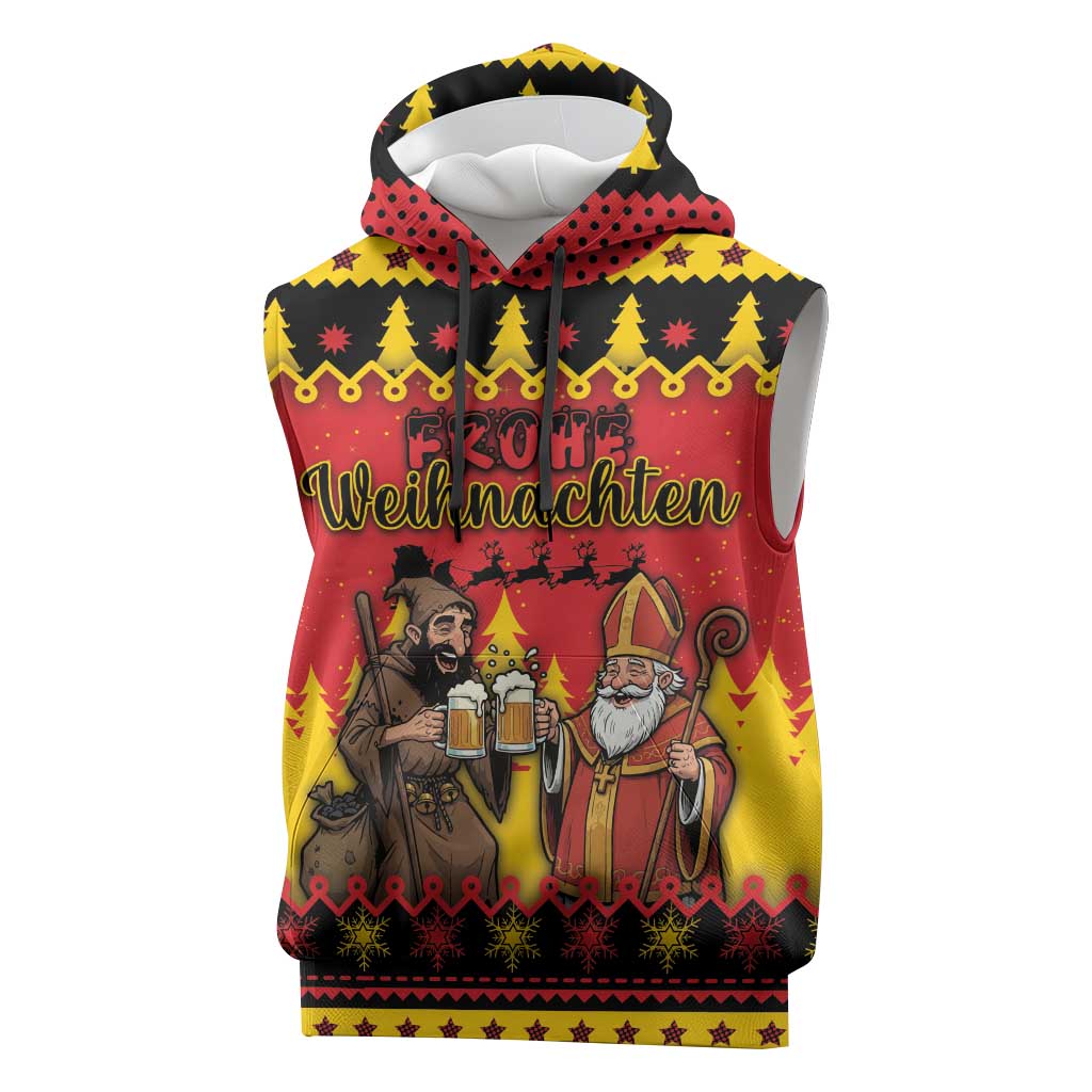 Germany Christmas Sleeveless Hoodie Saint Nicholas And Knecht Ruprecht Drink Beer - Wonder Print Shop