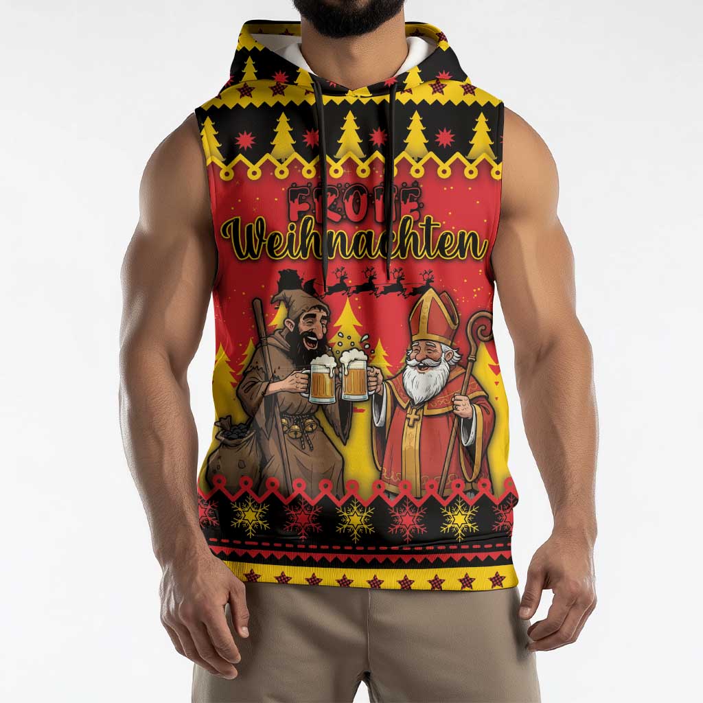 Germany Christmas Sleeveless Hoodie Saint Nicholas And Knecht Ruprecht Drink Beer - Wonder Print Shop