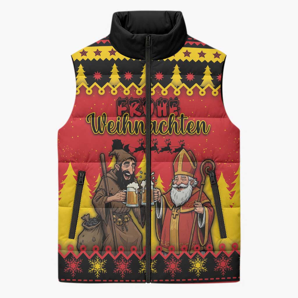 Germany Christmas Sleeveless Puffer Jacket Saint Nicholas And Knecht Ruprecht Drink Beer - Wonder Print Shop