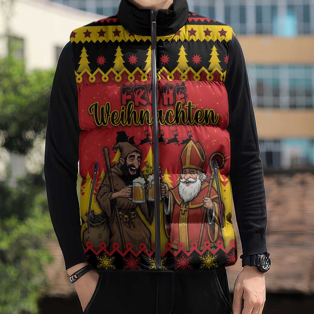 Germany Christmas Sleeveless Puffer Jacket Saint Nicholas And Knecht Ruprecht Drink Beer - Wonder Print Shop