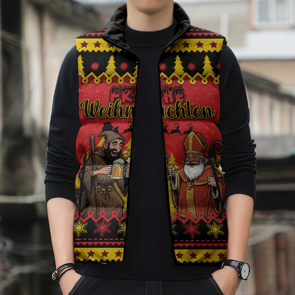 Germany Christmas Sleeveless Puffer Jacket Saint Nicholas And Knecht Ruprecht Drink Beer - Wonder Print Shop