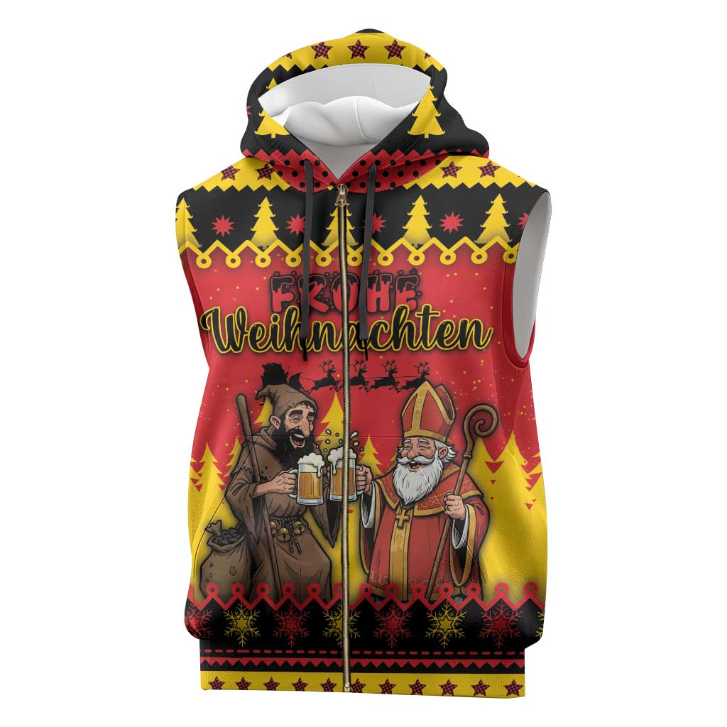 Germany Christmas Sleeveless Zip Hoodie Saint Nicholas And Knecht Ruprecht Drink Beer - Wonder Print Shop