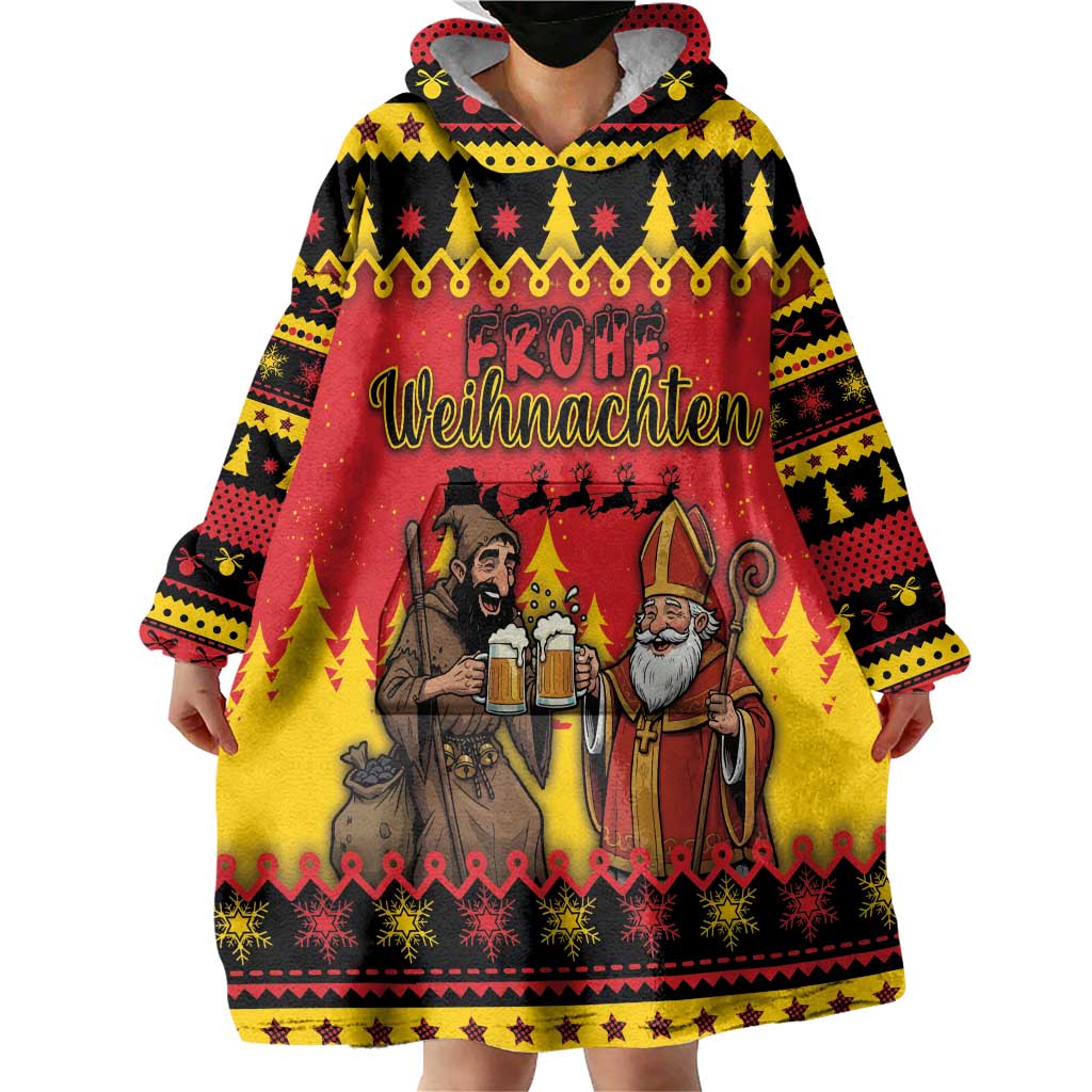 Germany Christmas Wearable Blanket Hoodie Saint Nicholas And Knecht Ruprecht Drink Beer - Wonder Print Shop