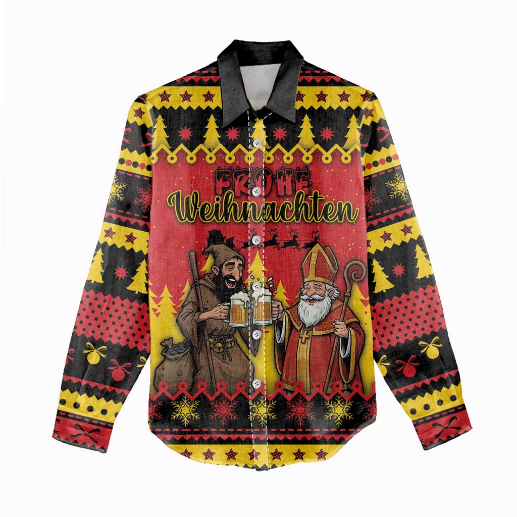 Germany Christmas Women Casual Shirt Saint Nicholas And Knecht Ruprecht Drink Beer - Wonder Print Shop