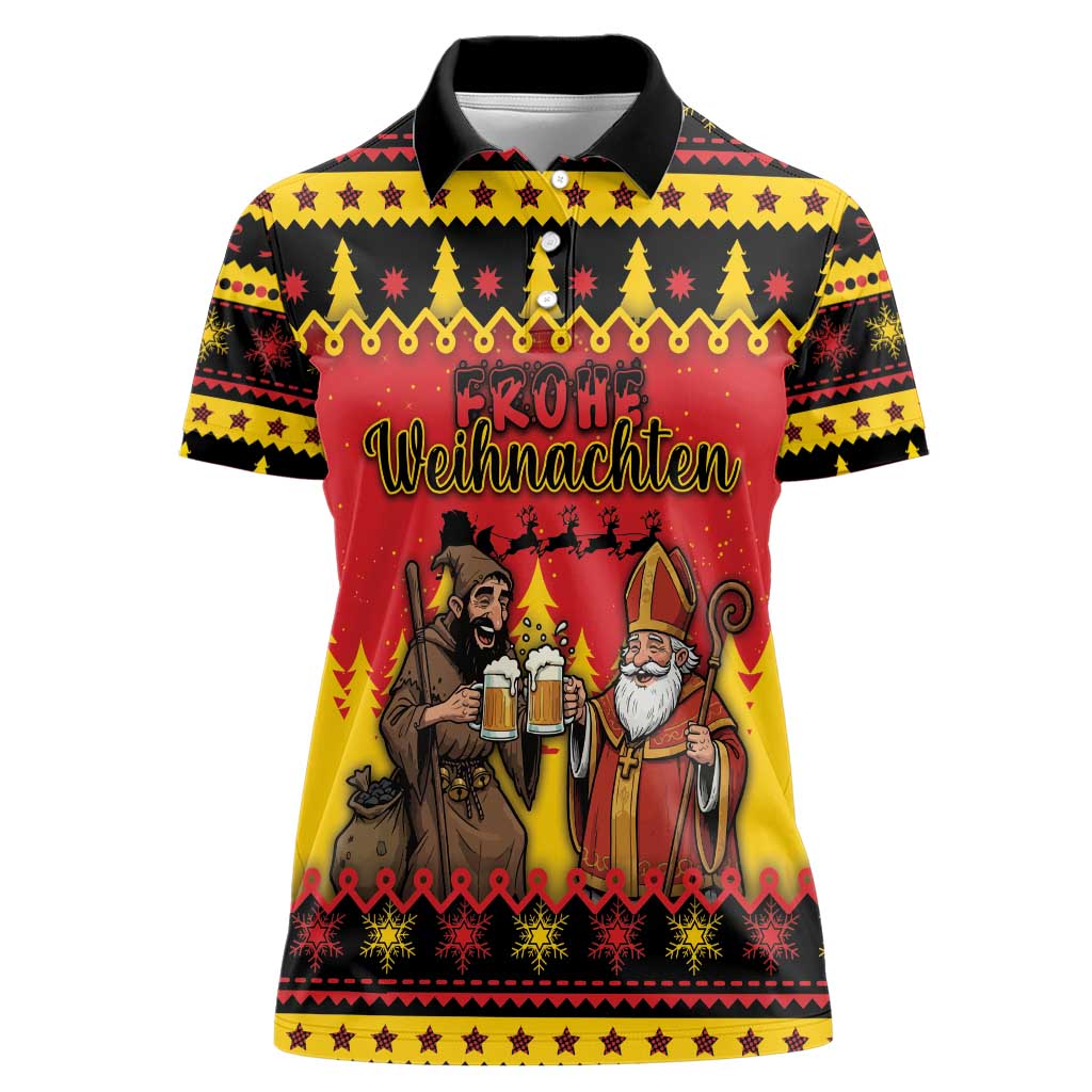 Germany Christmas Women Polo Shirt Saint Nicholas And Knecht Ruprecht Drink Beer - Wonder Print Shop