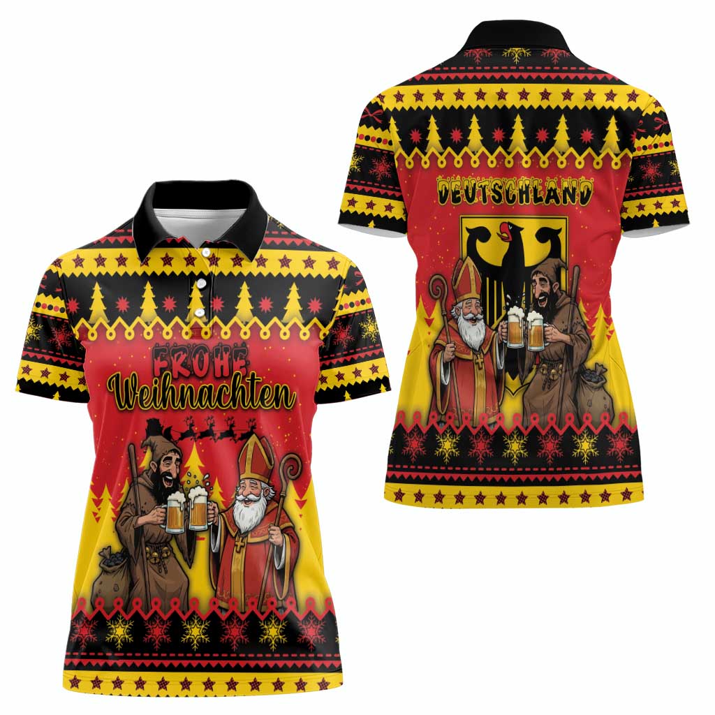 Germany Christmas Women Polo Shirt Saint Nicholas And Knecht Ruprecht Drink Beer - Wonder Print Shop