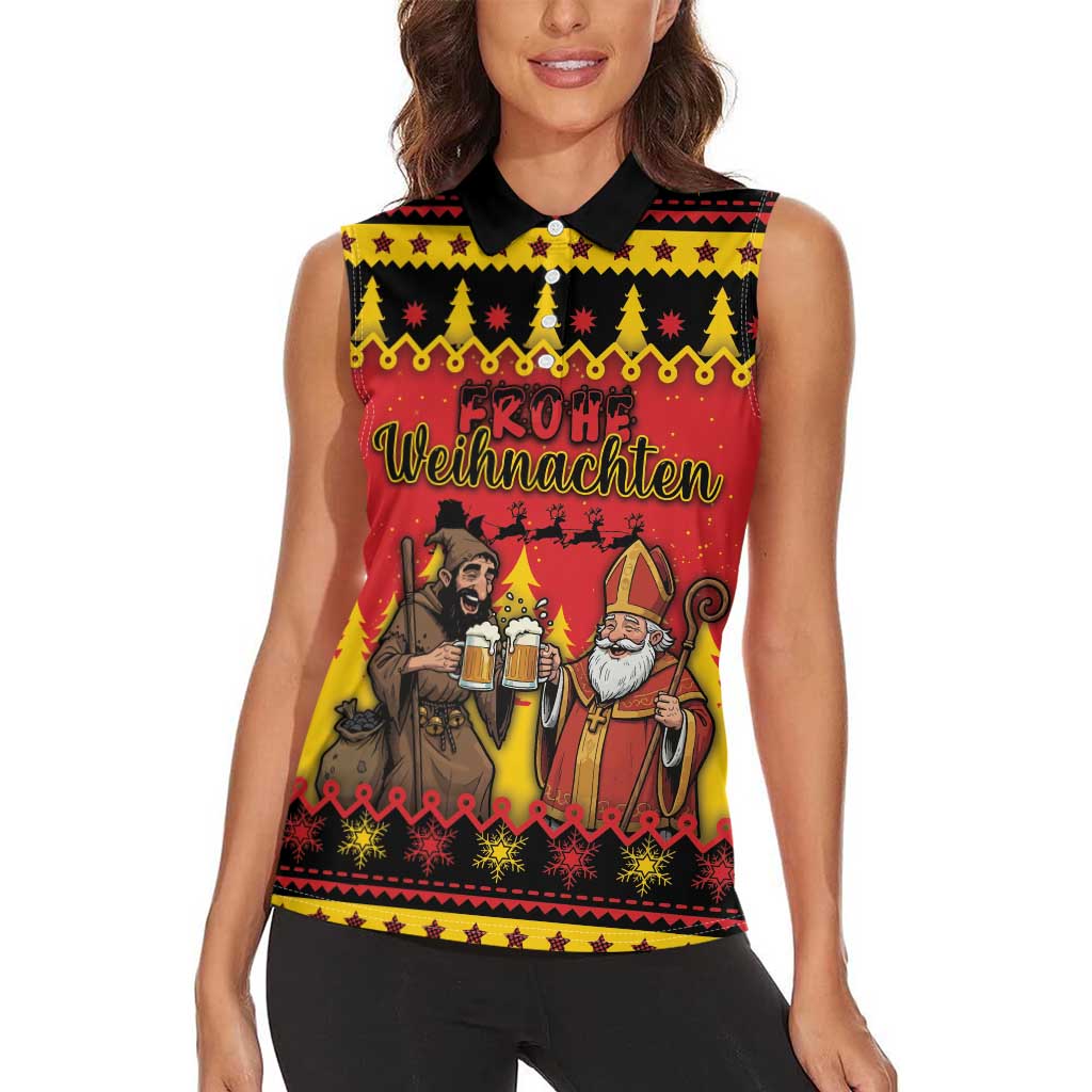 Germany Christmas Women Sleeveless Polo Shirt Saint Nicholas And Knecht Ruprecht Drink Beer - Wonder Print Shop