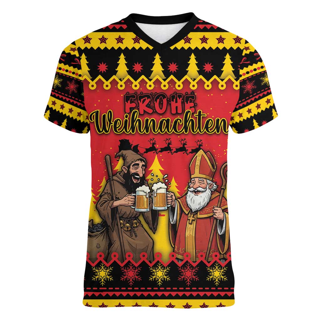 Germany Christmas Women V-Neck T-Shirt Saint Nicholas And Knecht Ruprecht Drink Beer - Wonder Print Shop