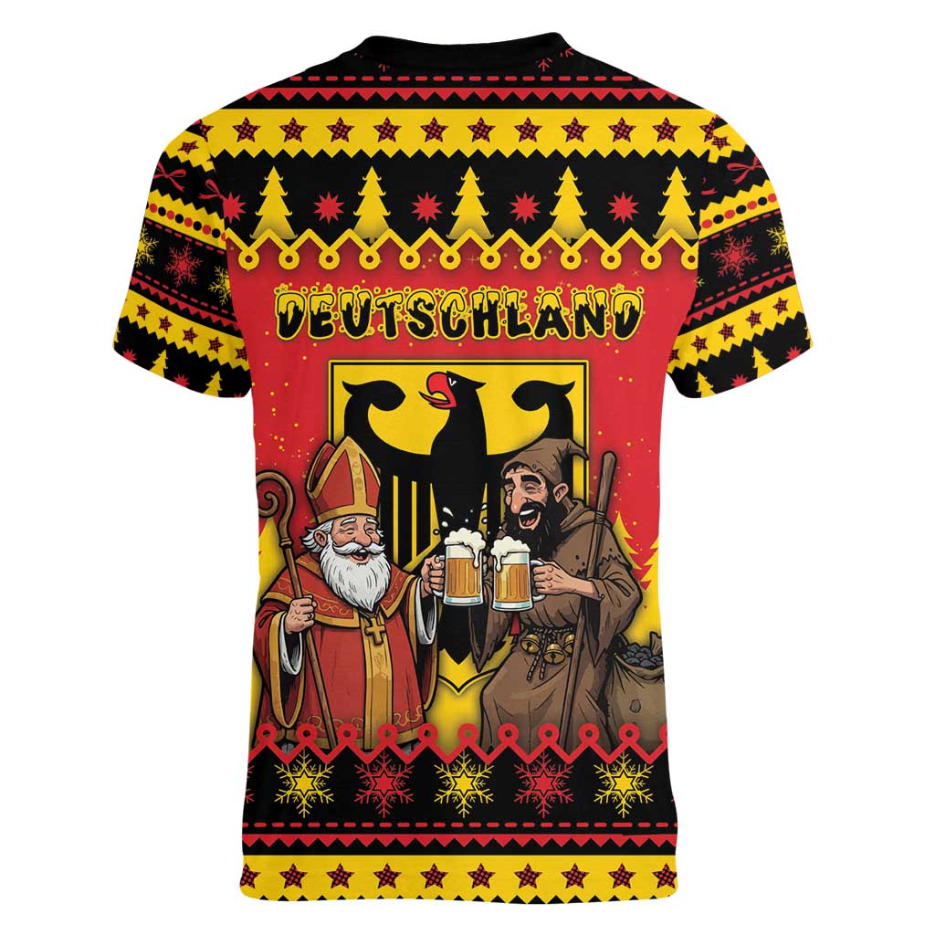 Germany Christmas Women V-Neck T-Shirt Saint Nicholas And Knecht Ruprecht Drink Beer - Wonder Print Shop