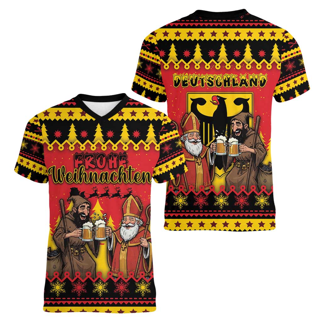 Germany Christmas Women V-Neck T-Shirt Saint Nicholas And Knecht Ruprecht Drink Beer - Wonder Print Shop