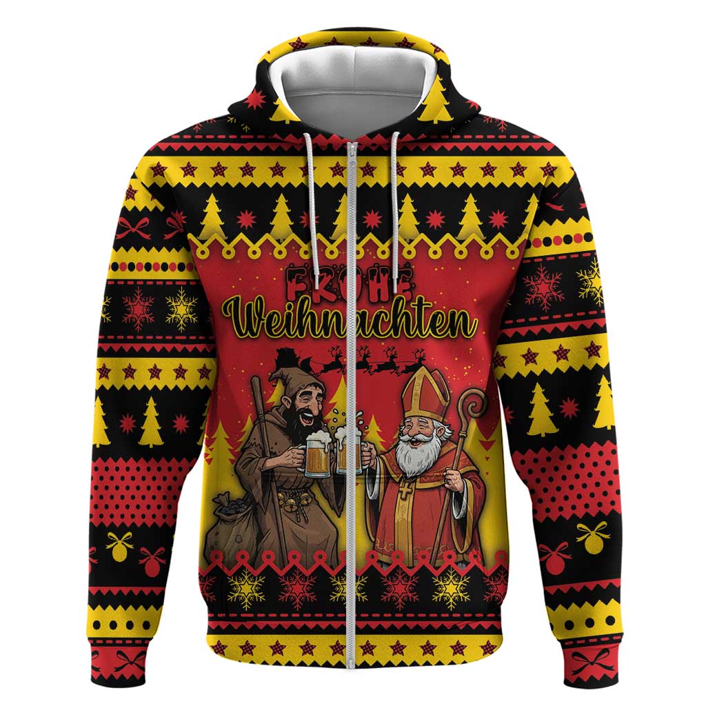 Germany Christmas Zip Hoodie Saint Nicholas And Knecht Ruprecht Drink Beer - Wonder Print Shop