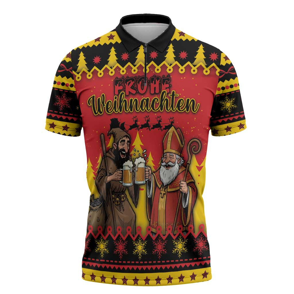 Germany Christmas Zipper Polo Shirt Saint Nicholas And Knecht Ruprecht Drink Beer - Wonder Print Shop