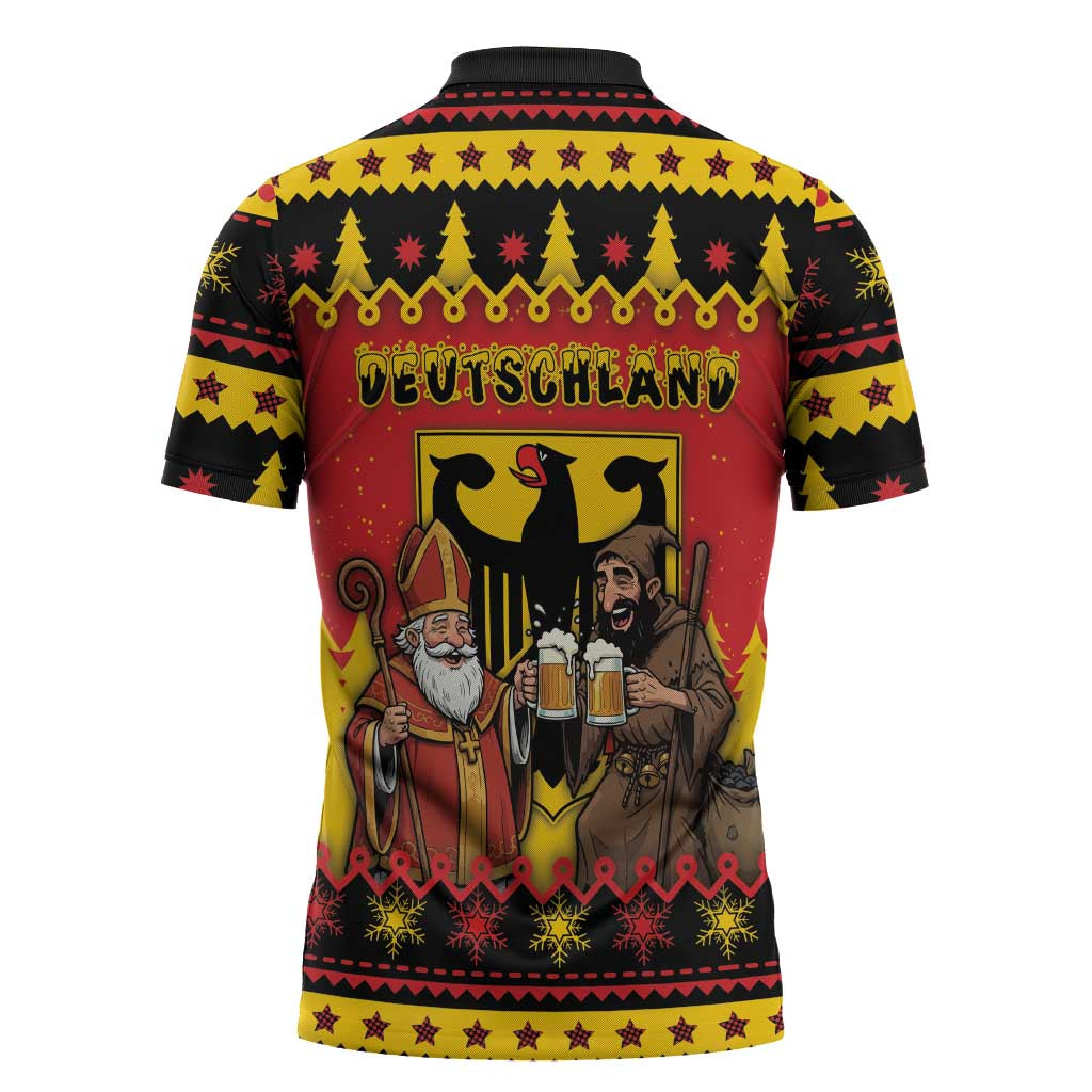 Germany Christmas Zipper Polo Shirt Saint Nicholas And Knecht Ruprecht Drink Beer - Wonder Print Shop