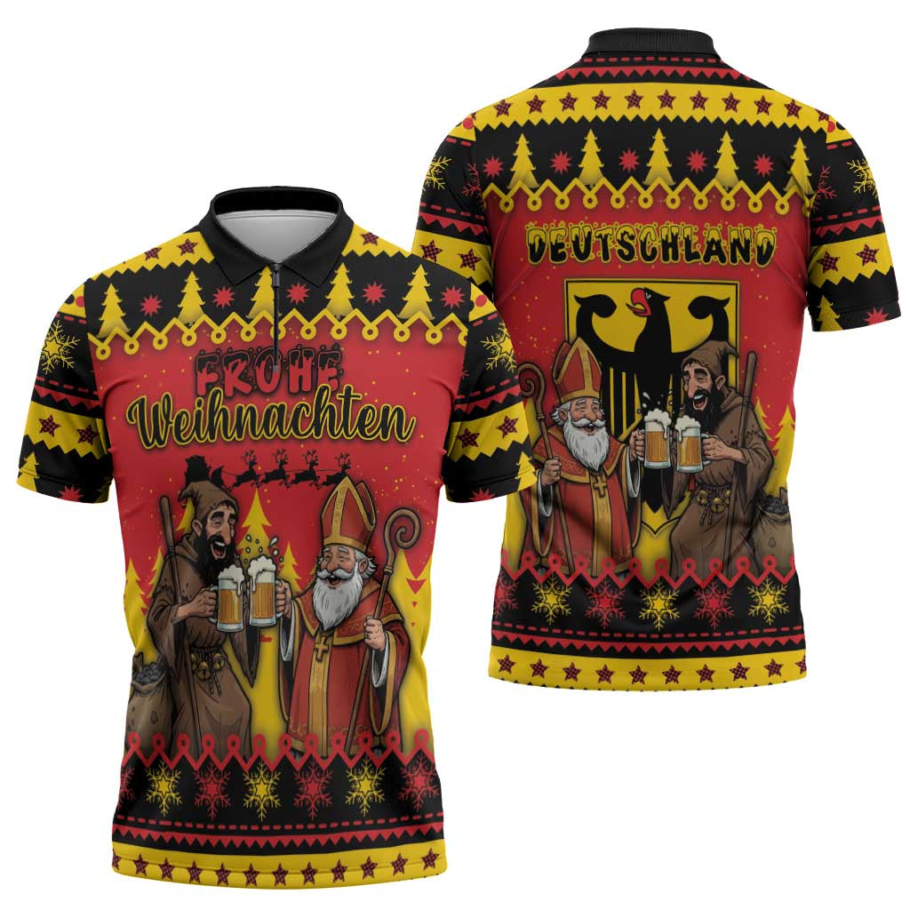 Germany Christmas Zipper Polo Shirt Saint Nicholas And Knecht Ruprecht Drink Beer - Wonder Print Shop