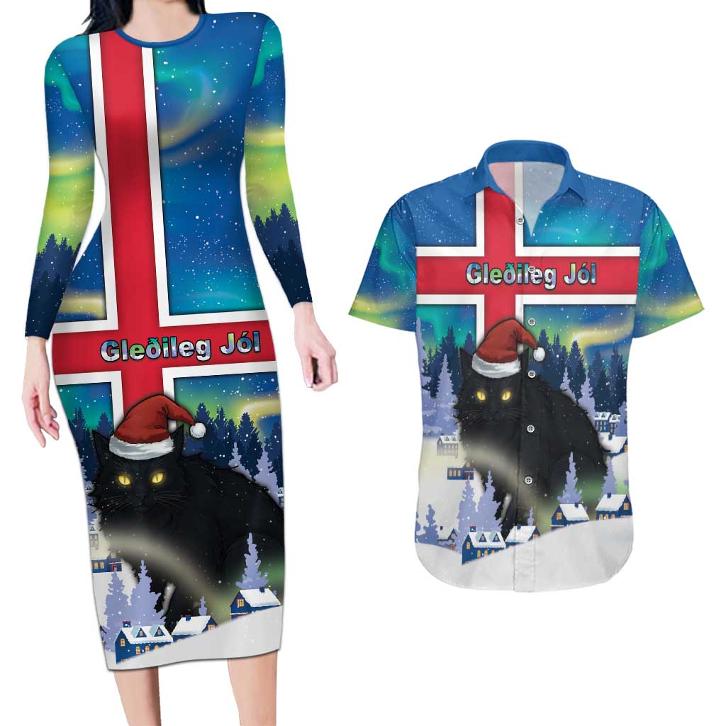 Iceland Christmas Couples Matching Long Sleeve Bodycon Dress and Hawaiian Shirt Yule Cat Gledileg Jol - Wonder Print Shop
