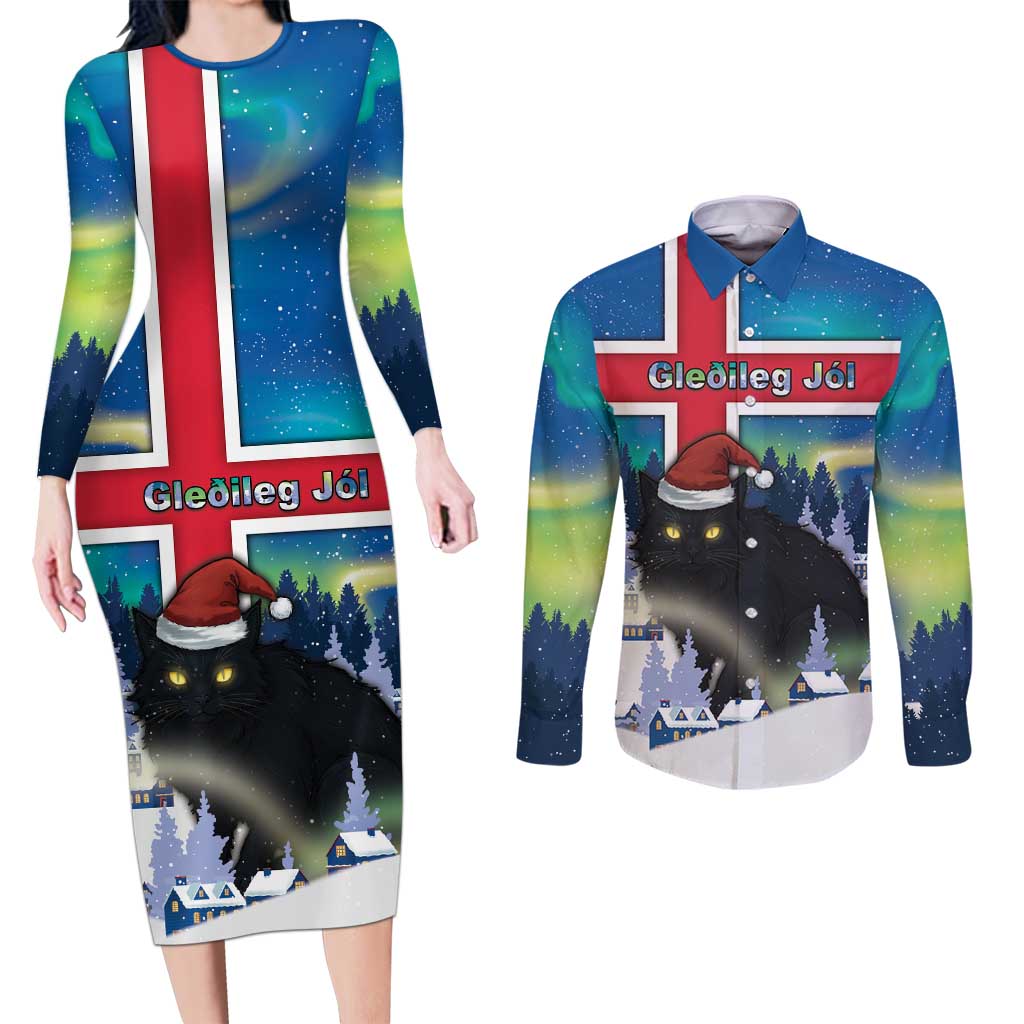 Iceland Christmas Couples Matching Long Sleeve Bodycon Dress and Long Sleeve Button Shirt Yule Cat Gledileg Jol - Wonder Print Shop