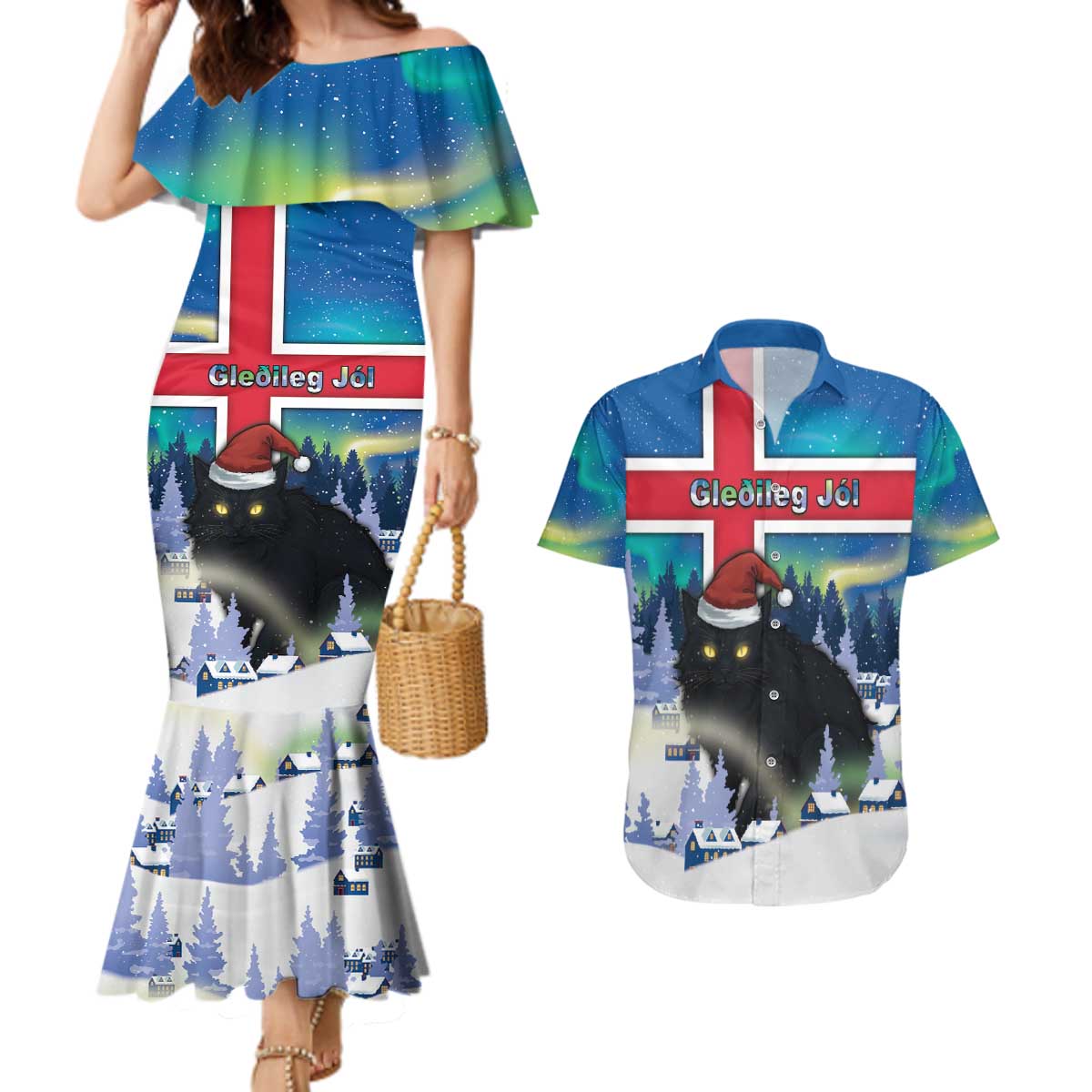 Iceland Christmas Couples Matching Mermaid Dress and Hawaiian Shirt Yule Cat Gledileg Jol - Wonder Print Shop