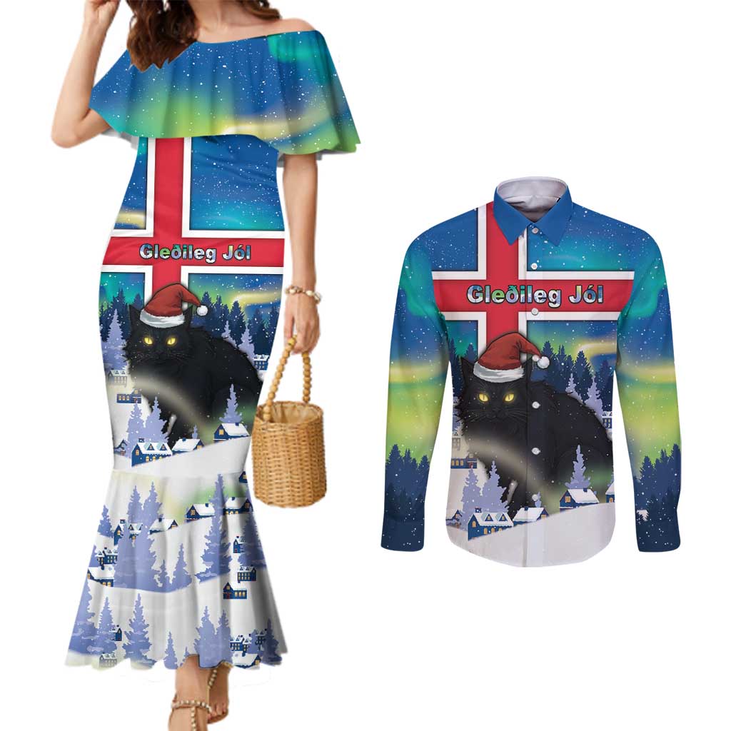 Iceland Christmas Couples Matching Mermaid Dress and Long Sleeve Button Shirt Yule Cat Gledileg Jol - Wonder Print Shop